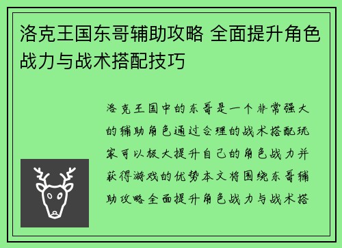 洛克王国东哥辅助攻略 全面提升角色战力与战术搭配技巧